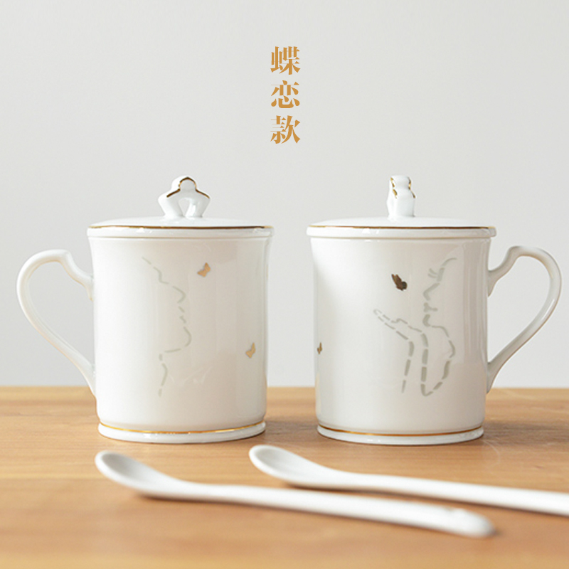 情侣对杯陶瓷创意马克杯带盖勺杯子一对情侣款水杯简约清新森系茶杯