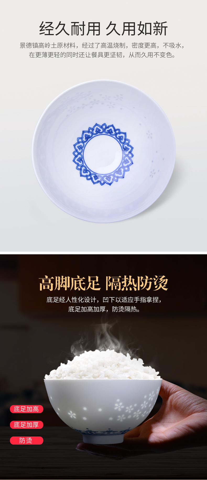 景德镇古镇陶瓷 6只青花玲珑小足碗套装 防烫碗 家用中式小碗 饭碗 创意餐具套装