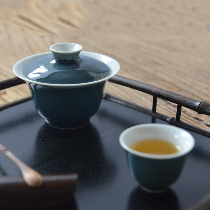 景德镇手绘陶瓷茶具套装家用青花瓷手绘功夫茶具白瓷茶具 霁青